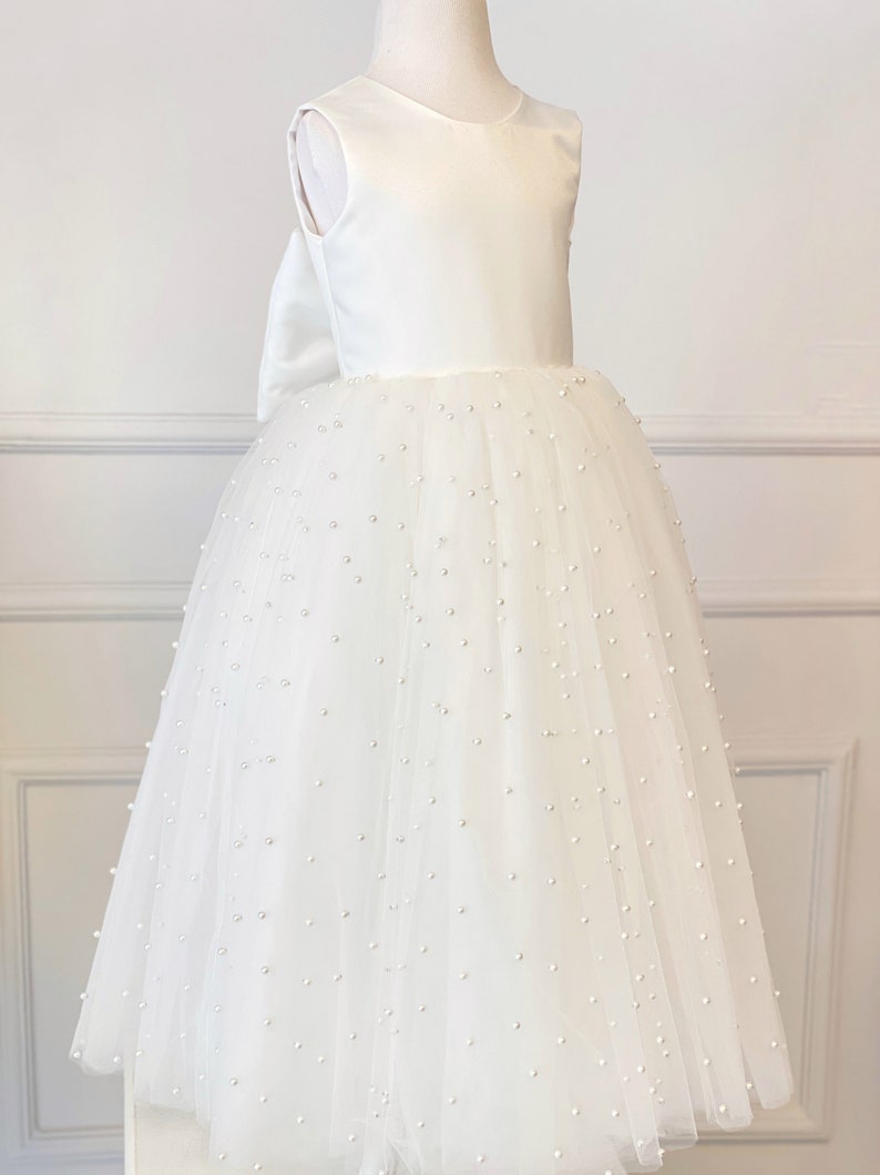 Girl Flower Wedding Dress, junior Bridesmaid Dress, Baptism Pearl Dress, Wedding Flower Dress, Ivory Satin Tulle Dress image 7