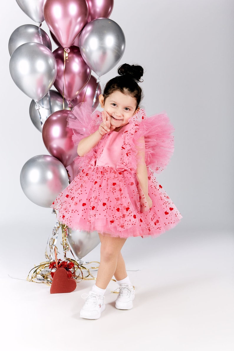 Valentines Day Dress, Girl Valentine Dress, Girl Heart Dress, Pink Birthday Dress, Pink Tutu Dress, Pink Heart Dress, Birthday Toddler Dress image 1