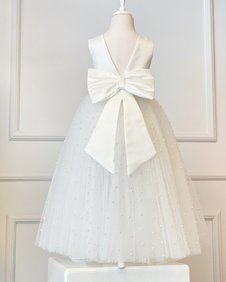 Girl Flower Wedding Dress, junior Bridesmaid Dress, Baptism Pearl Dress, Wedding Flower Dress, Ivory Satin Tulle Dress image 5