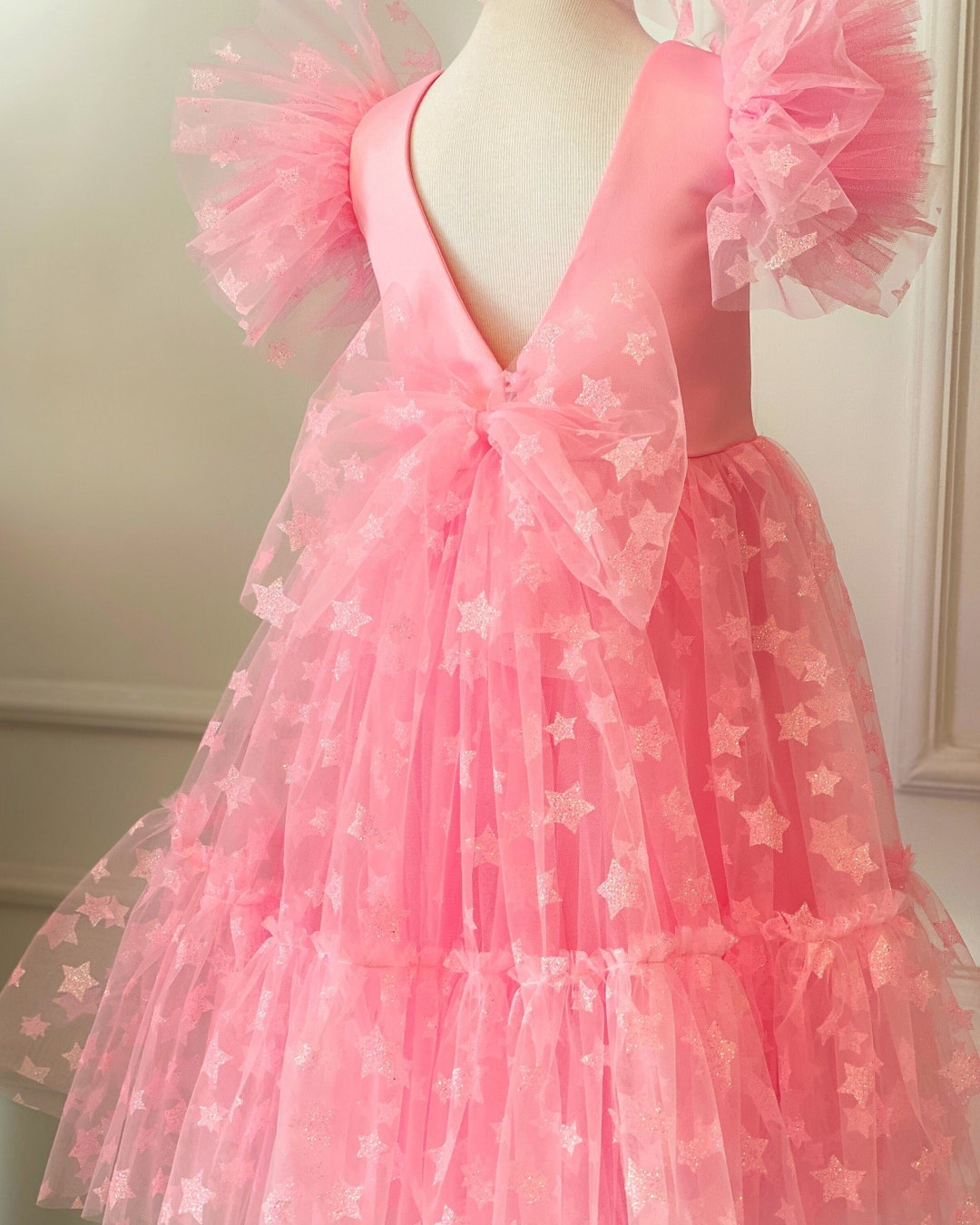 Pink Fluffy Baby Girl Tulle Dress, V Back Flower Girl Dress, Toddler