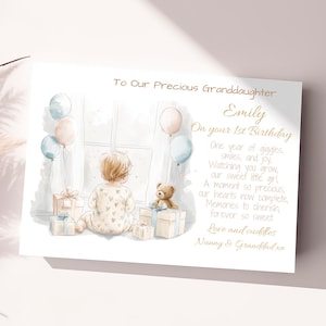 Tarjeta personalizada para el primer cumpleaños de tu bebé. Nombre y mensaje personalizados. Tarjeta para el primer cumpleaños de tu nieta, hija o sobrina. Para ahijada.