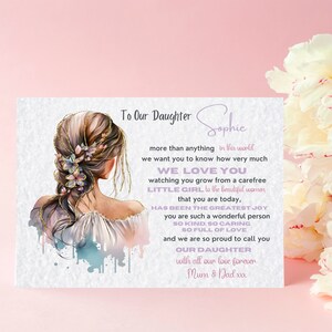 Puede incluir: Una ilustraci&oacute;n de acuarela de una mujer con el pelo largo y flores en el pelo. El texto dice "To Our Daughter Sophie more than anything in this world we want you to know how very much WE LOVE YOU watching you grow from a carefree LITTLE GIRL to the beautiful woman that you are today, HAS BEEN THE GREATEST JOY you are such a wonderful person SO KIND, SO CARING SO FULL OF LOVE and we are so proud to call you OUR DAUGHTER with all our love forever Mum & Dad xxx"