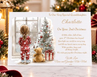 May include: A rectangular Christmas greeting card featuring a child in red snowflake pajamas and a teddy bear looking at a decorated tree by a window. The text reads: To Our Very Special Granddaughter Charlotte On Your 2nd Christmas, followed by a poem and signed by Nana and Grandpa Mik-Mak.