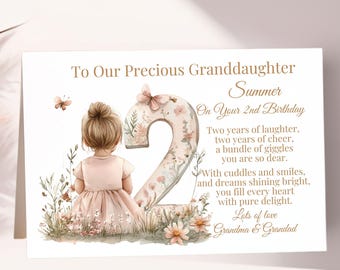 Personalised 2nd Birthday Card for Granddaughter, Daughter, Niece, Goddaughter, Special Little Girl Two Today Keepsake Linen Card 7x5"