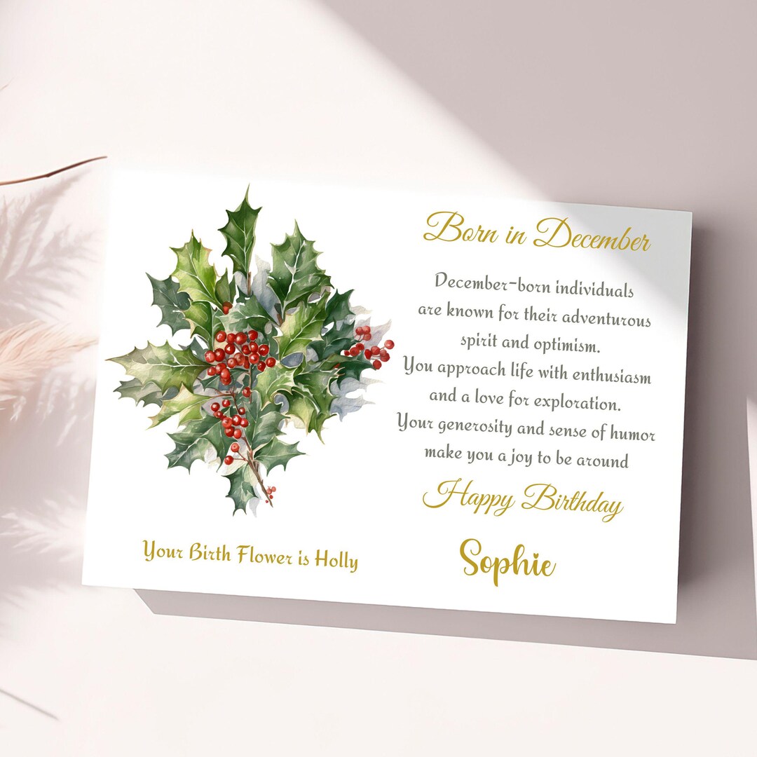 Personalised December Birthday Card Birth Flower Holly Card for Her ...