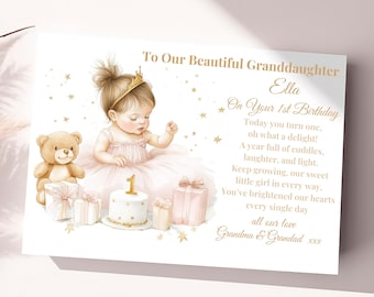 Tarjeta de primer cumpleaños personalizada para niñas. Tarjeta de primer cumpleaños para nieta, hija, sobrina. Tarjeta de cumpleaños para una niña especial.