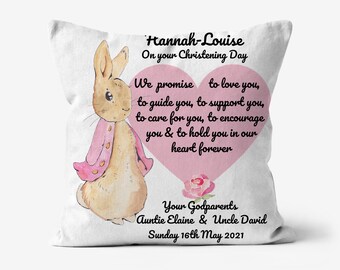 Personalised Christening Cushion Goddaughter Gift From Godmother, Godfather, Godparents, I Promise To Quote Peter Rabbit Cushion