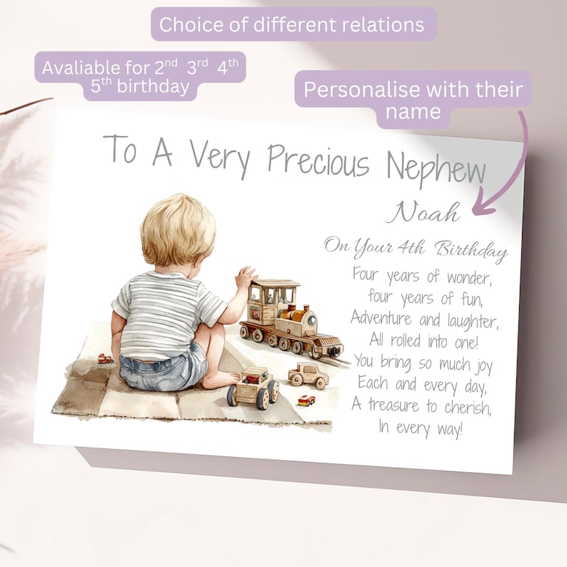May include: A birthday card with a watercolor illustration of a child playing with toy cars and a train. The card reads "To A Very Precious Nephew Noah" and includes a birthday message. The card is customizable.