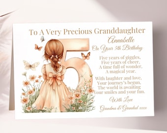 Personalised 5th Birthday Card for Granddaughter, Daughter, Niece, Great Granddaughter, Special Little Girl Five Today Keepsake Linen Card