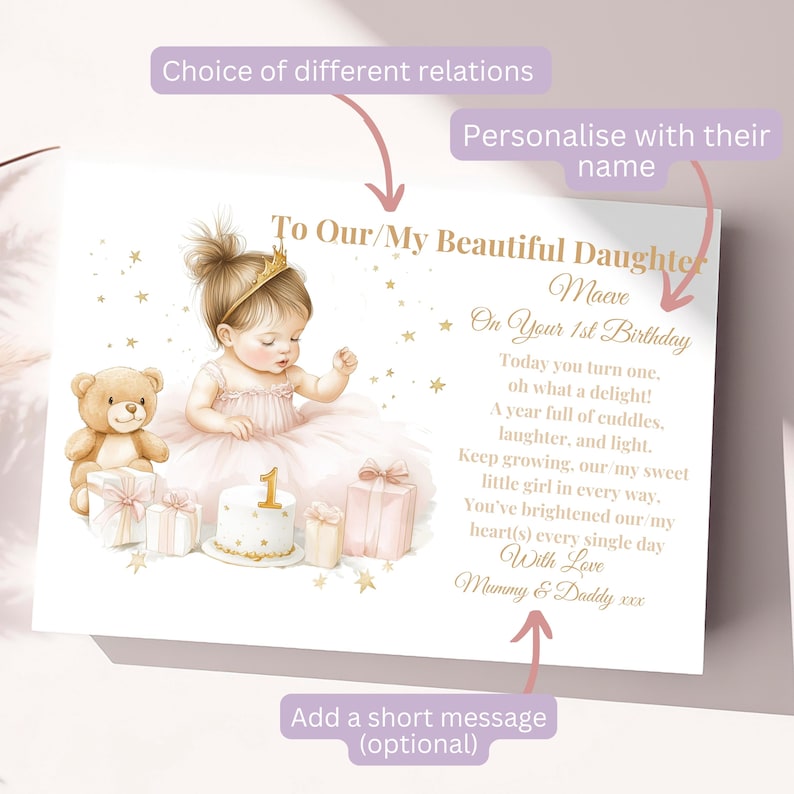 Personalised Girls First Birthday Card 1st Birthday Card For Granddaughter, Daughter, Niece, Birthday Card for Special Little Girl 1st Card 画像 2