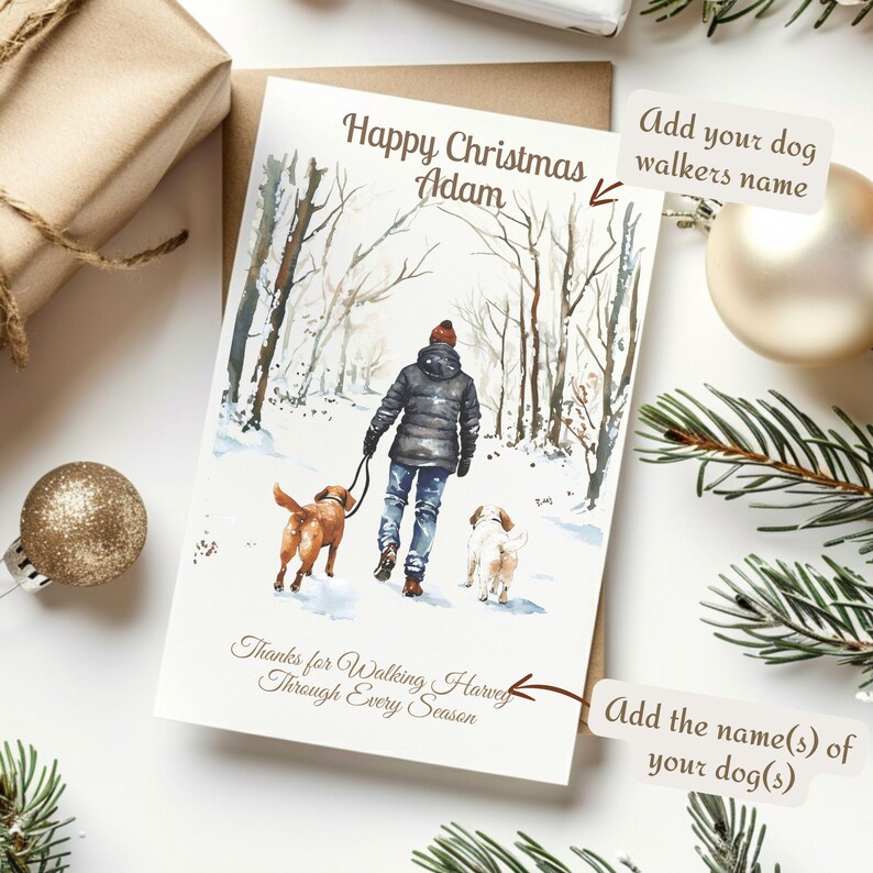 Personalised Christmas Card for Male Dog Walker Custom Dog Names