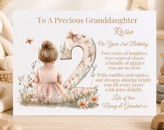 Personalised 2nd Birthday Card for Granddaughter, Daughter, Niece, Goddaughter, Special Little Girl Two Today Keepsake Linen Card 7x5"