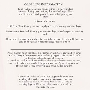 May include: A printed page with the title "ORDERING INFORMATION". The text details dispatch times, delivery information, and policies regarding tracking, delays, and refunds. The text is in black font on a white background.