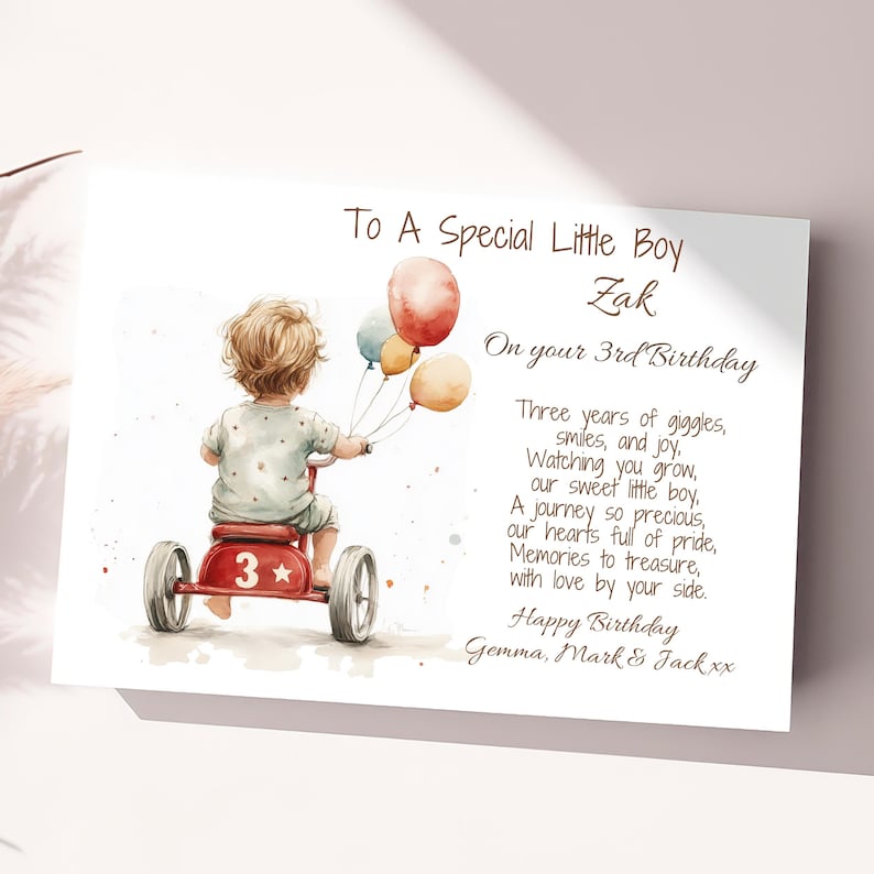 May include: A birthday card with a watercolor illustration of a child riding a red tricycle with balloons. The card says "To A Special Little Boy Zak On your 3rd Birthday" and includes a poem about the child's growth. The card is signed "Happy Birthday Gemma, Mark & Jack xx".