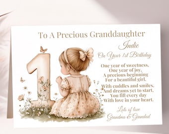Tarjeta personalizada para el primer cumpleaños de una niña. Tarjeta para el primer cumpleaños de una nieta, hija o sobrina. Tarjeta para una niña especial.