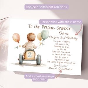 May include: A personalized birthday card for a grandson, featuring a watercolor illustration of a boy riding a toy car. The card has the text "To Our Precious Grandson Oscar On your 2nd Birthday" and a poem about the child's growth. The card is signed "Love & Kisses Nana & Granddad xx".