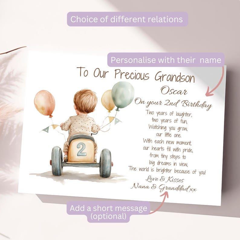 May include: A personalized birthday card for a grandson, featuring a watercolor illustration of a boy riding a toy car. The card has the text "To Our Precious Grandson Oscar On your 2nd Birthday" and a poem about the child's growth. The card is signed "Love & Kisses Nana & Granddad xx".