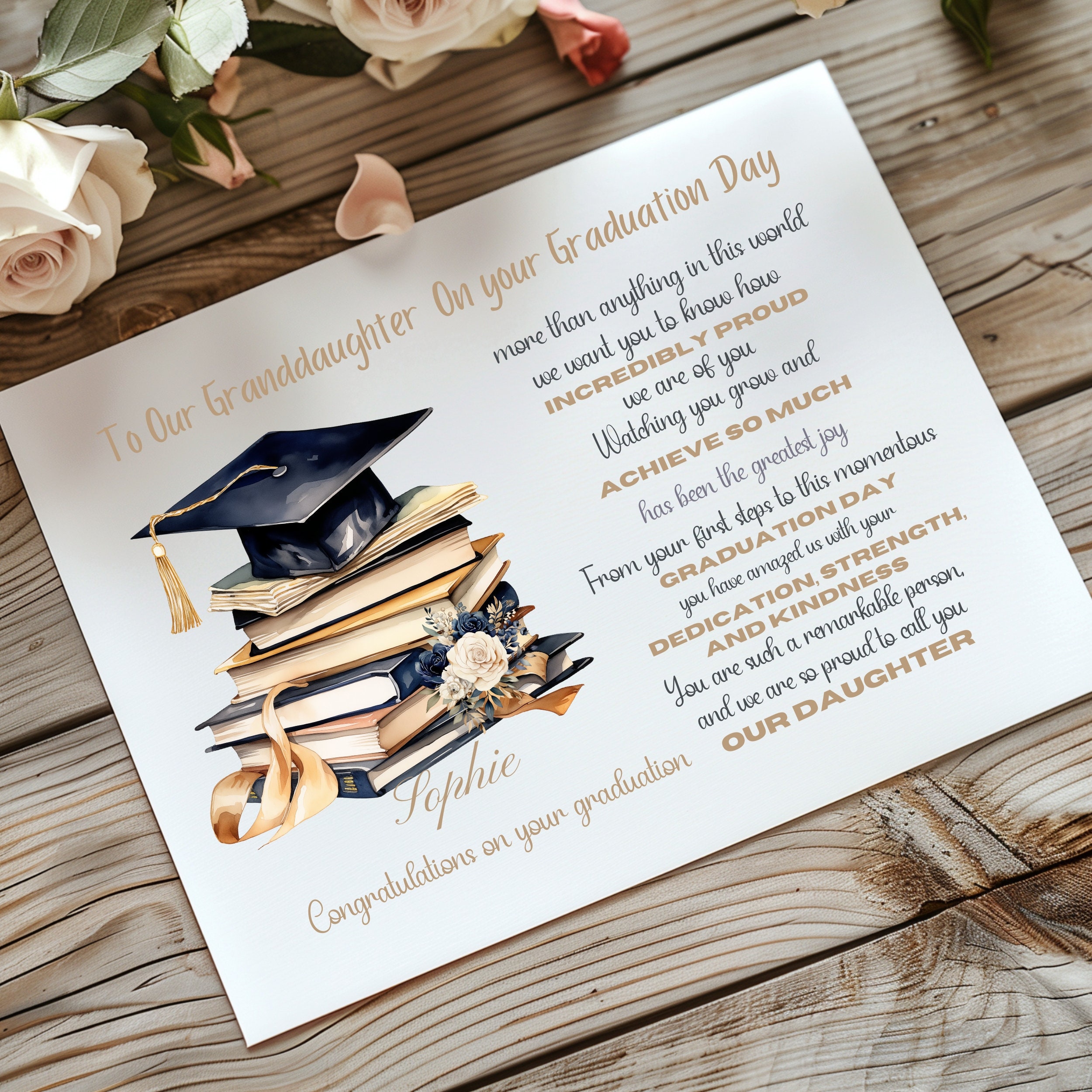 D24TIME Graduation Card With Gold Foil - Tree & Cap Design For High School & College Grads