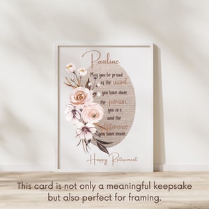 Puede incluir: Una tarjeta de jubilaci&oacute;n con un dise&ntilde;o floral y el texto "Pauline May you be proud of the work you have done. The person you are. And the difference you have made. Happy Retirement."