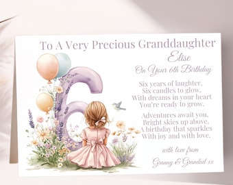 Personalised 6th Birthday Card for Granddaughter, Daughter, Niece, Great Granddaughter Special Little Girl Six Today Keepsake Linen Card 7x5