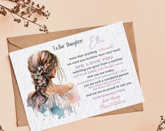 May include: A card with a watercolor illustration of a woman with flowers in her hair. The card reads "To Our Daughter Ellie more than anything in this world we want you to know how very much WE LOVE YOU watching you grow from a carefree LITTLE GIRL to the beautiful woman that you are today, HAS BEEN THE GREATEST JOY you are such a wonderful person SO KIND, SO CARING SO FULL OF LOVE and we are so proud to call you OUR DAUGHTER Love always Mum & Dad xx"
