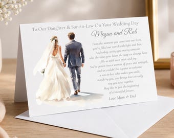Tarjeta de felicitación personalizada para la boda de la hija y el yerno. Tarjeta para el día de la boda de la hija. Felicitaciones a nuestra hija y a su yerno. 7x5 pulgadas.