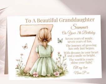Tarjeta personalizada de séptimo cumpleaños para nieta, hija, sobrina o bisnieta. Tarjeta de séptimo cumpleaños para una niña especial.