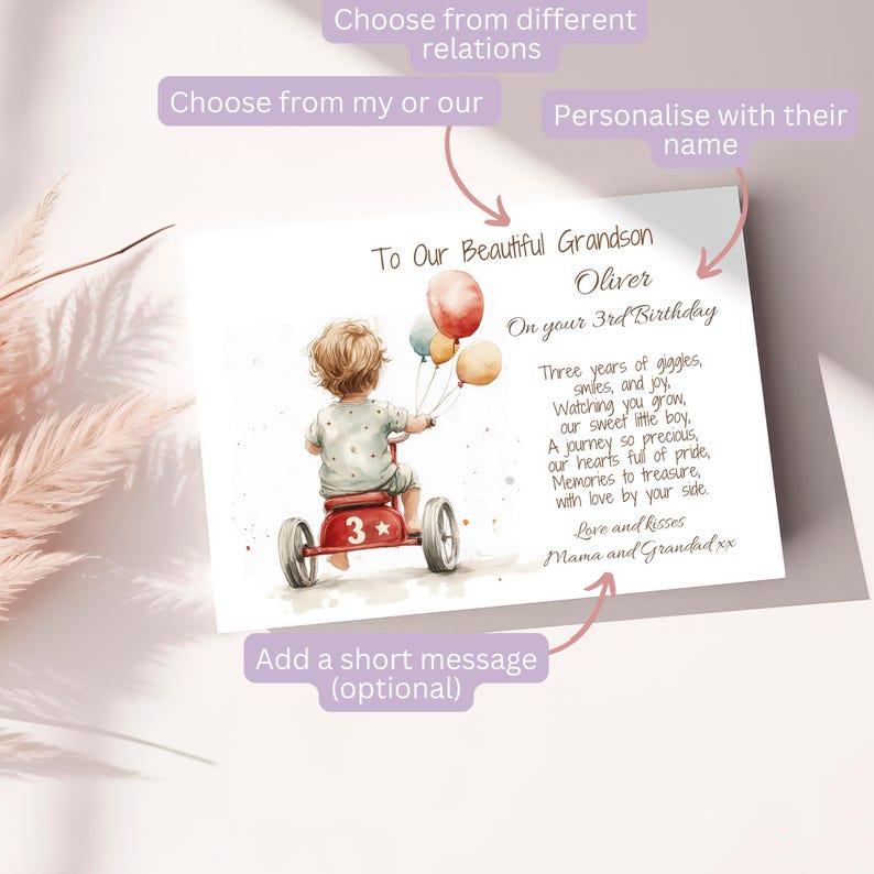 May include: A birthday card for a grandson with a watercolor illustration of a boy riding a red tricycle with balloons. The card reads "To Our Beautiful Grandson Oliver On your 3rd Birthday" and includes a poem about the boy's growth and a message from "Mama and Grandad".