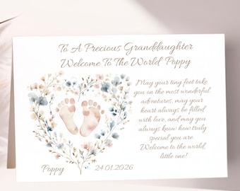 Personalised New Baby Girl Card Welcome To The World Card For New Baby Granddaughter, Niece, Godchild  Custom Newborn Keepsake Card 7x5"