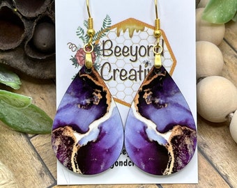 Purple & Gold Swirl Teardrop Earrings
