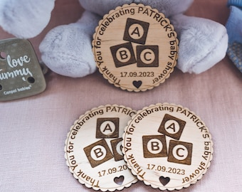 Magnete per baby shower, bomboniere per baby shower, magneti in legno personalizzati per baby shower, magneti per body per neonati, ringraziamento per baby shower