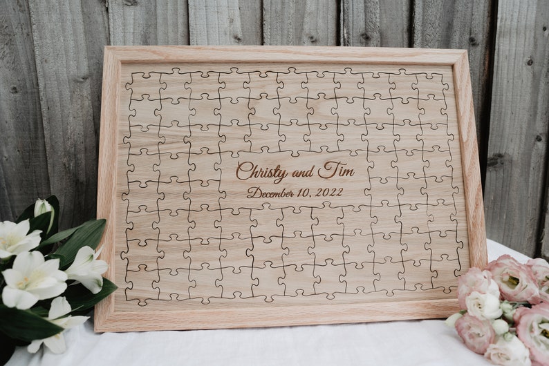 Wedding guest book alternative, Oak Wedding Jigsaw Puzzle Guestbook Wooden, Alternative Wedding Guest Book image 1