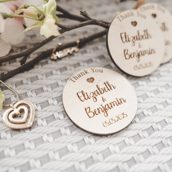 Wooden Thank you Magnets, Wedding Thank You favor, Favors for Guests, Floral Magnets, Personalized Engraved Wedding Favor
