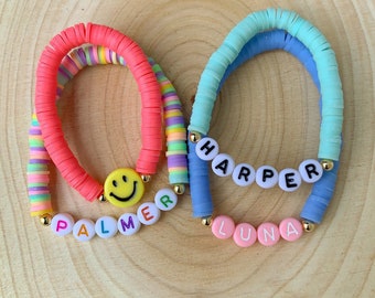 Personalized Heishi Kids Bracelet: Custom Name, Smiley Face