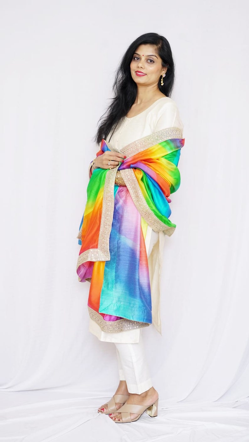 Rainbow Color Satin // Silk Dupatta//gold Embroidery - Etsy