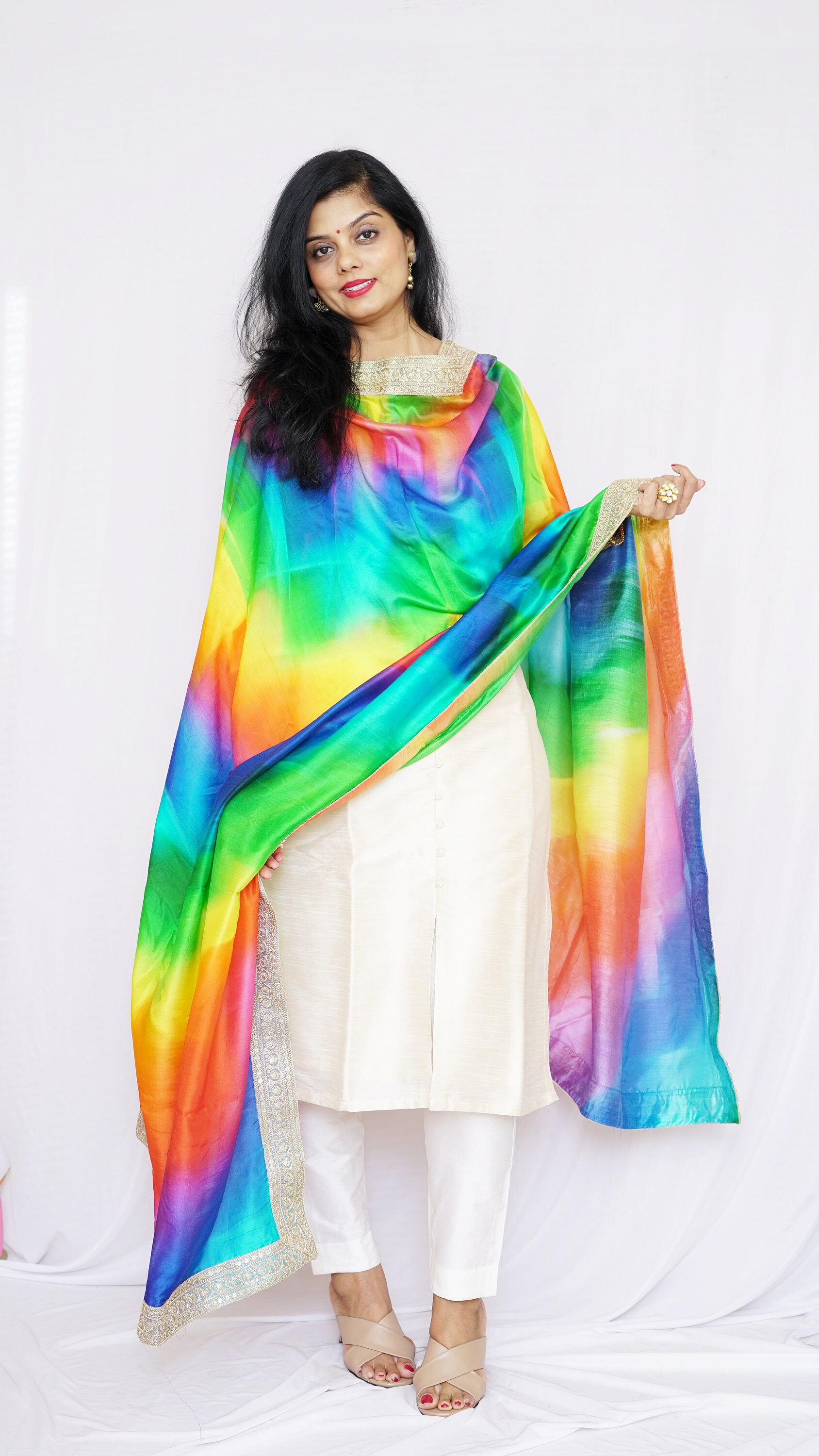 Rainbow Color Satin // Silk Dupatta//gold Embroidery Etsy