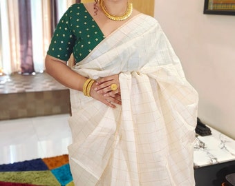 Gold Checks Kasavu Saree/ Handwoven pure Zari/ Kosa Silk Fabric
