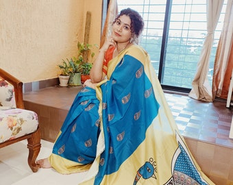 White & Blue color Peacock Chanderi Saree / Saree for women/ Saree with Blouse