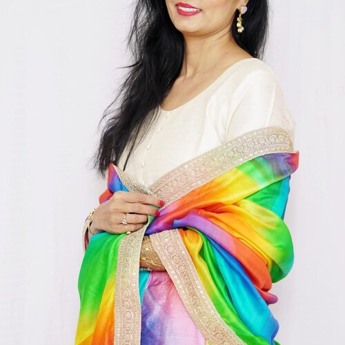 Rainbow Color Satin // Silk Dupatta//gold Embroidery - Etsy
