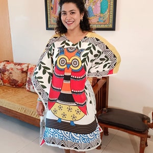 Satin Kaftan with owl Print/ Indian Handesigned Print /One Size Fits all image 1