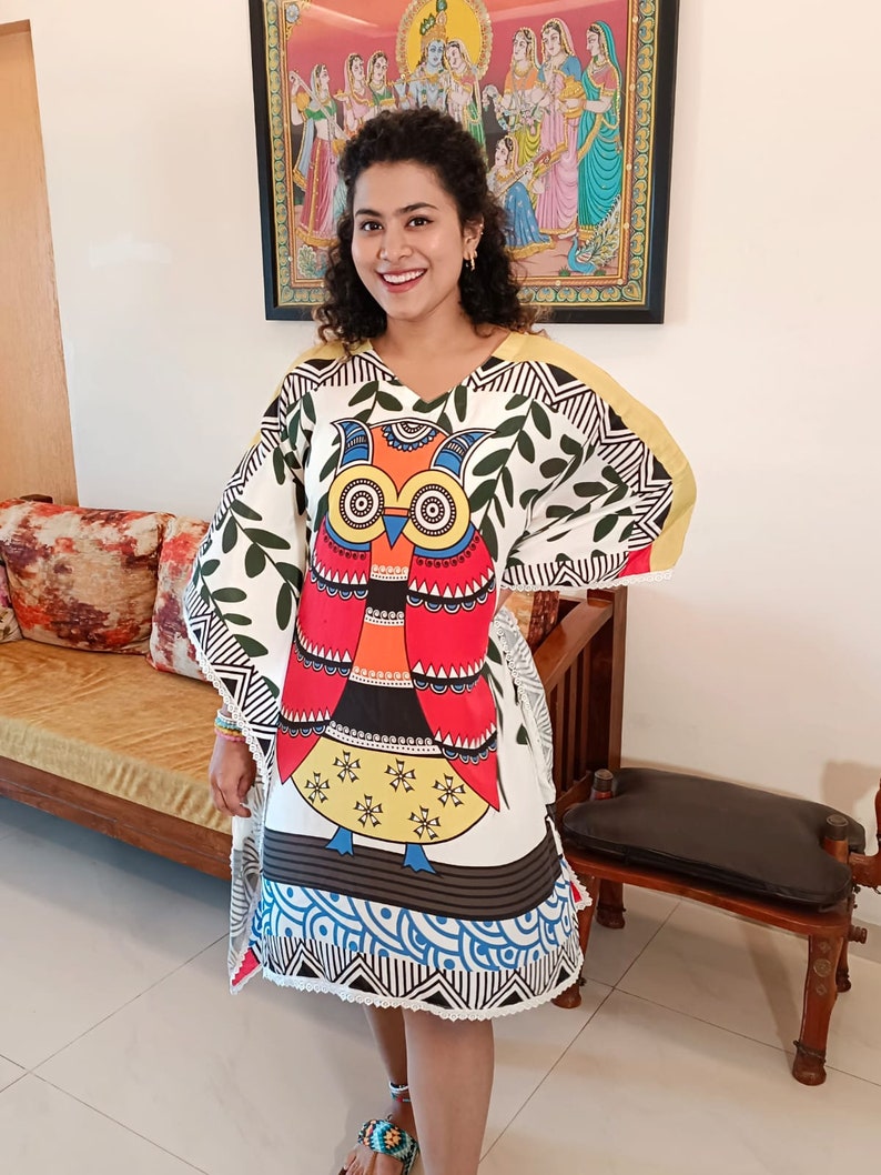 Satin Kaftan with owl Print/ Indian Handesigned Print /One Size Fits all image 1