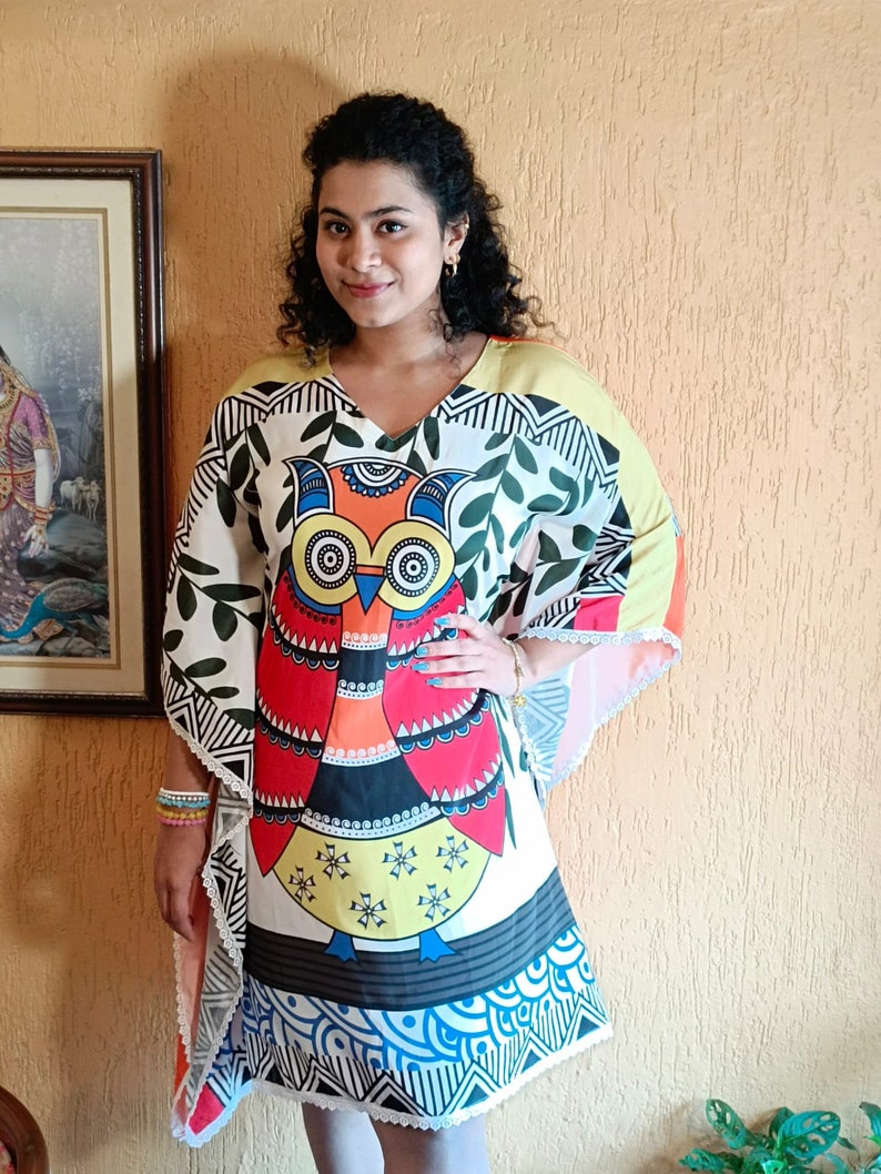 Satin Kaftan with owl Print/ Indian Handesigned Print /One Size Fits all image 4