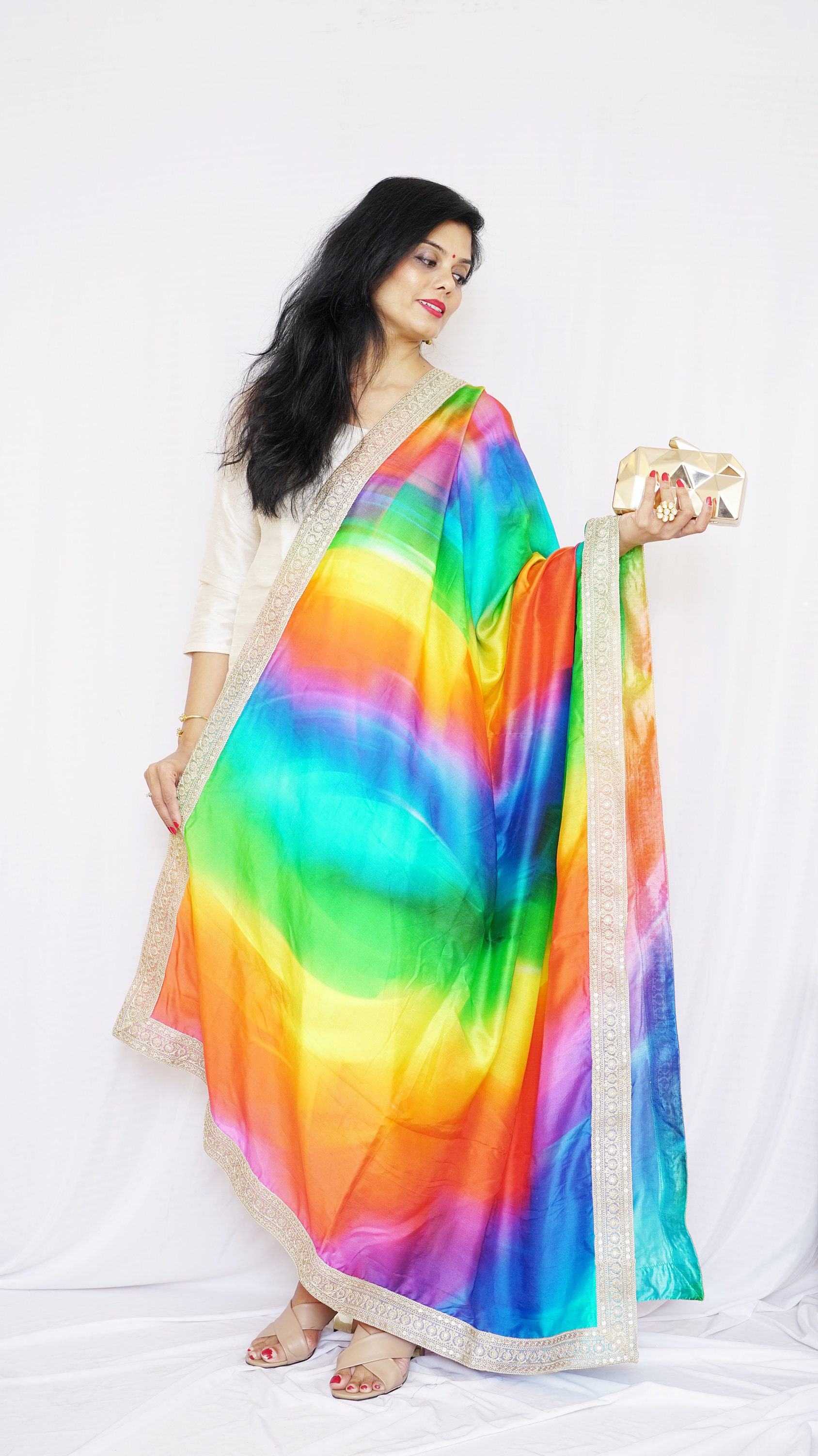 Rainbow Color Satin // Silk Dupatta//gold Embroidery - Etsy