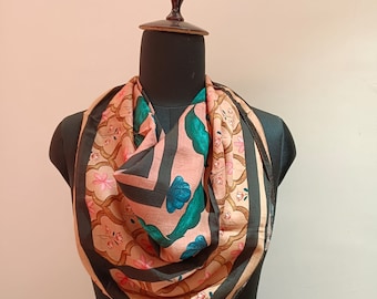 Floral Pink Silk Scarf/Lotus Print and Handmade Silk Scarf| Scarf for women, Neck scarf