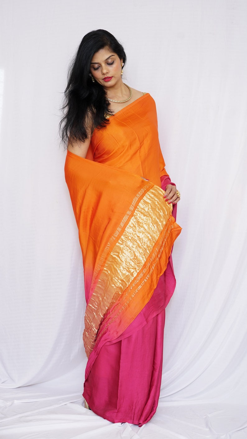Satin Ombre Dyed Saree With Gold Zari at Paloo. With Unstitched Gold