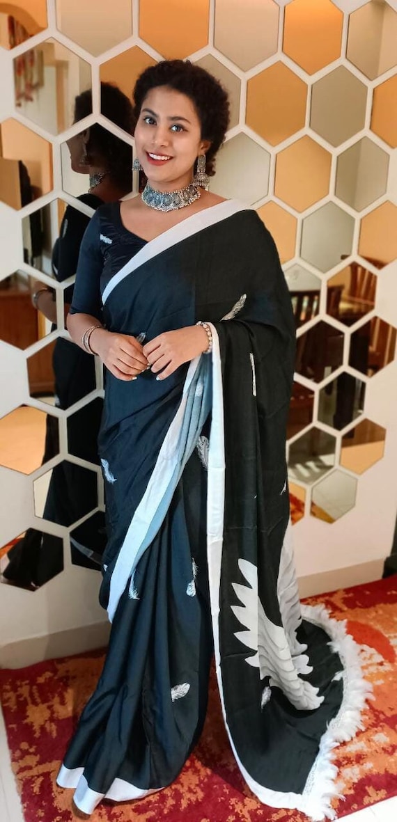 Angel Wings Satin Black Saree With White Border Party Wear Saree Georgette Indian Black Sarees Saree for Women Saree With Blouse Women Etsy