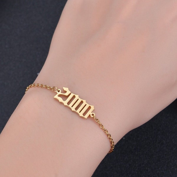 Personalized Birth Year Bracelet For Women | Birth Year Bracelet Chain | Custom Old English Letter Number Bracelet | Date Bracelet Gold