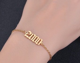 Personalized Birth Year Bracelet For Women | Birth Year Bracelet Chain | Custom Old English Letter Number Bracelet | Date Bracelet Gold