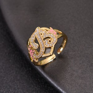 Pendantify Personalized Heart Initial Ring Custom Floral Letter Ring CZ Alphabet Rose Charm Gift for Her Everyday Jewelry Keepsake