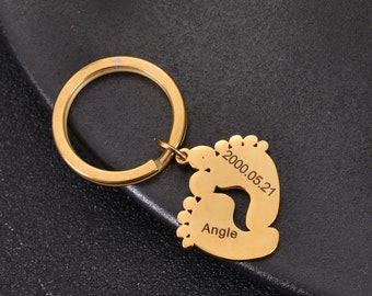 Pendantify Personalized Baby Footprint Keychain Engraved Name Birth Date Baby Feet Keyring New Mom Dad Gift Keepsake